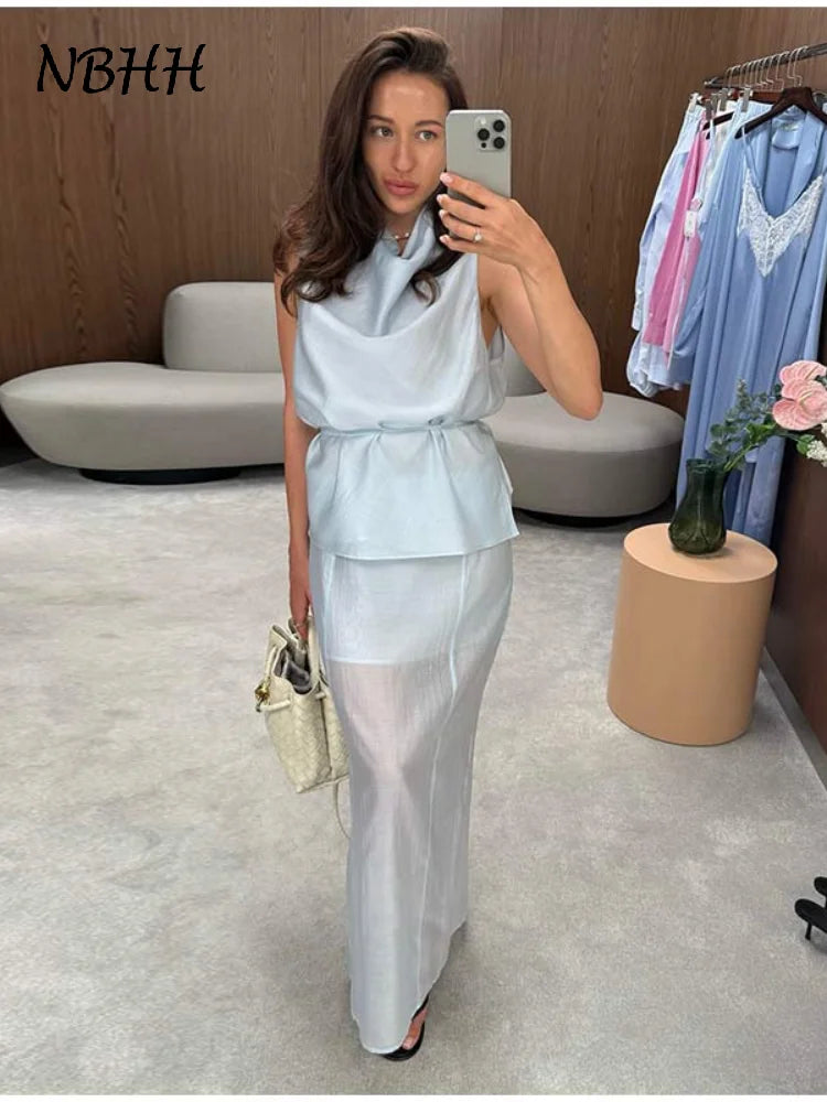 Casual Yellow Top Long Skirts Sets Women Sleeveless Lace Up Tops Straight Slit Skirt 2026 Summer Holiday Street Lady Solid Suits