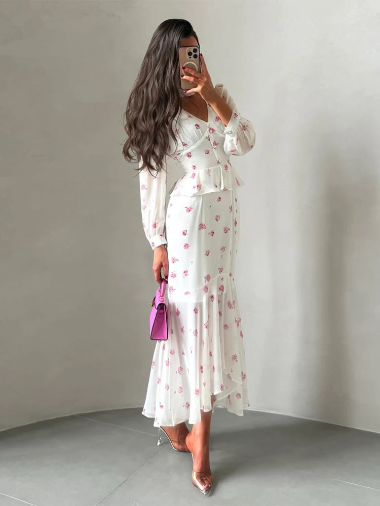 Women Elegant Printed V-neck Dress Chic Lapel Waist Cinched Pleated High Waisted Dresses 2026 Summer New Lady Vacation Gowns