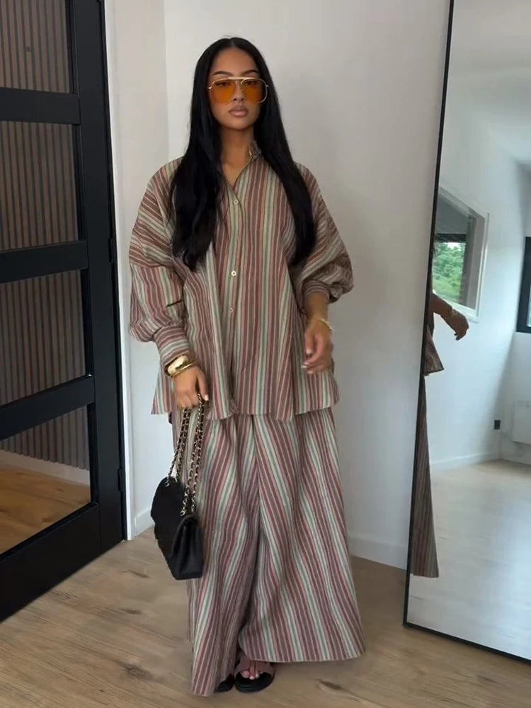 Fashion Stripe Long Pants Set Women Chic Lapel Single Breasted Shirt High Waist Wide Leg Trousers 2026 Spring New 2 Pcs Outfits