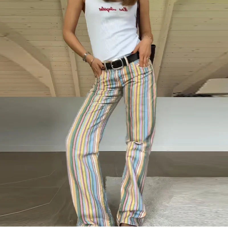 Street Striped Jeans Women's High-Waist Pockets Wide-Leg Trouser 2026 Spring Summer Retro Multicolor Vertical Stripe Denim Pant