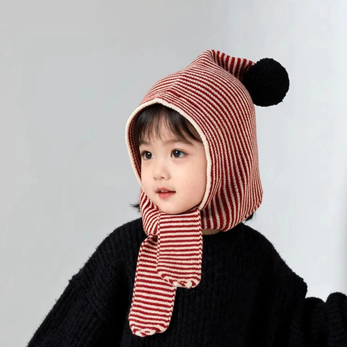 Korean Striped Baby Balaclava Hat Winter Knitted Hood Scarf Ear Protection Warm Bomber Cap Kids Boy Girl Beanies CB DROPSHIPPING