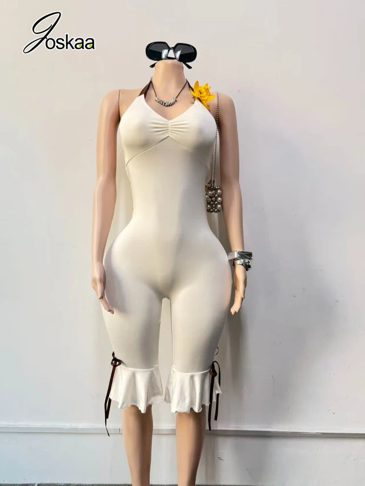 Joskaa Bowknot Decorate Halter Apricot Jumpsuit Women Hipster Sexy V-neck Backless Bandage Skinny Rompers Beach Holiday Clubwear