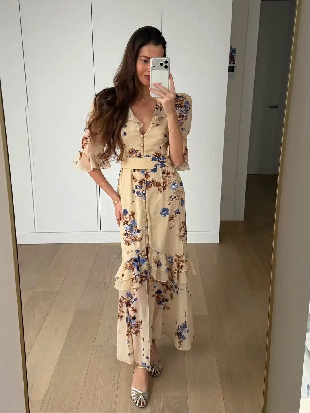 V Neck High Split Half Sleeve Slim Long Dress Print Waist Cinching Ruffle Hem Maxi Robes 2026 Women Party Vacation Vestidos