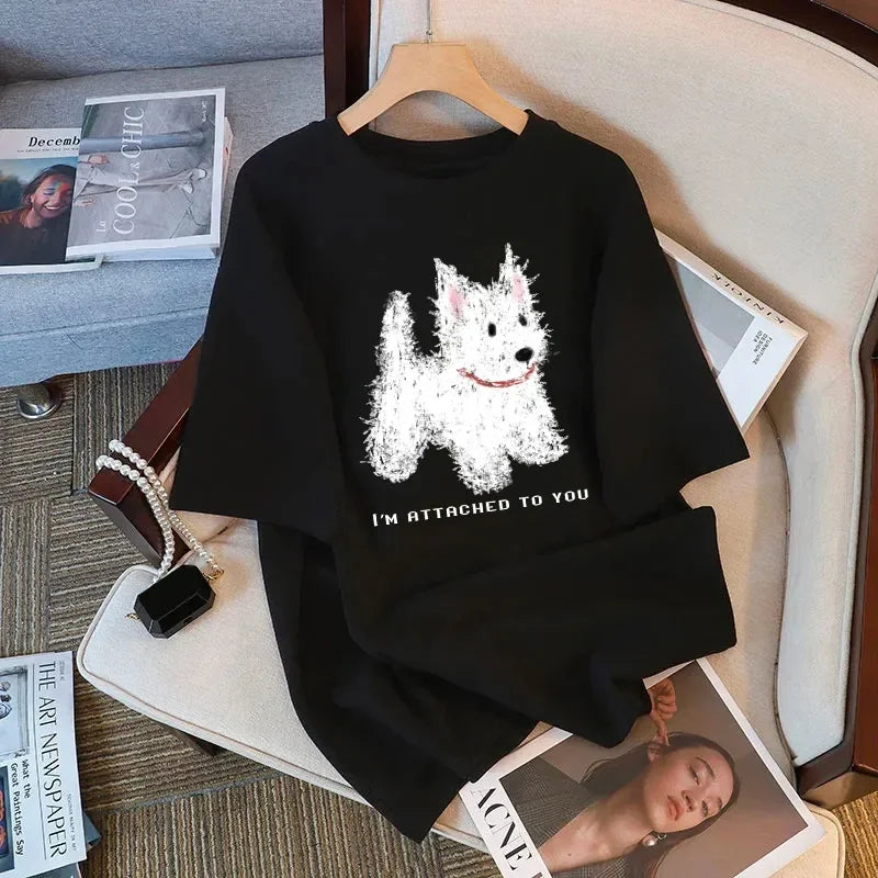 Soft Cuteness Alert  Korean Style T Shirt Cute Fun Pattern Print Loose Short  Sleeve White Top for Women Casual Summer Clothing