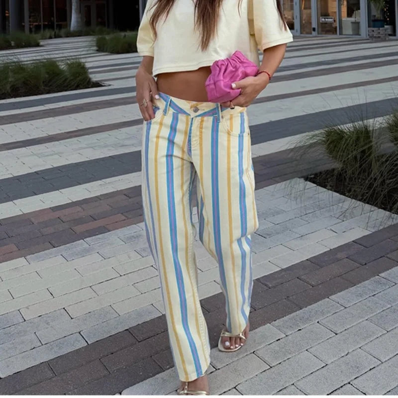 Street Striped Jeans Women's High-Waist Pockets Wide-Leg Trouser 2026 Spring Summer Retro Multicolor Vertical Stripe Denim Pant