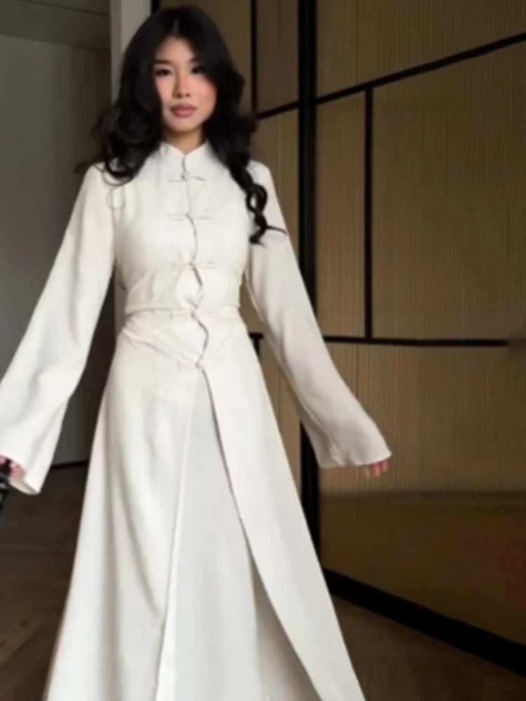 Chinese Style Frog Button Two Piece Set Long Flared Sleeve Ruched Waist Traditional Oriental Outline Sets Spring Picnic Outfit