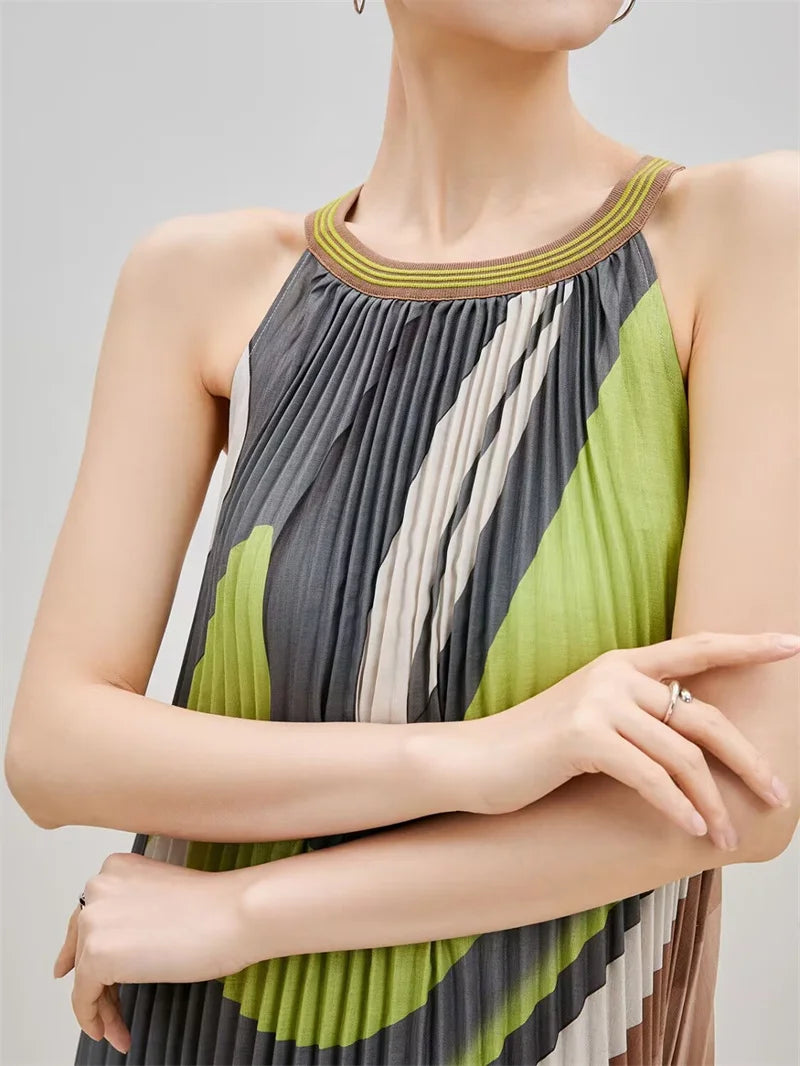 Elegant Party Dresses Long Dresses Womens Dresses Dress Sleeveless Retro Literary Style Hanging Neck Color Pleated Long Skirt