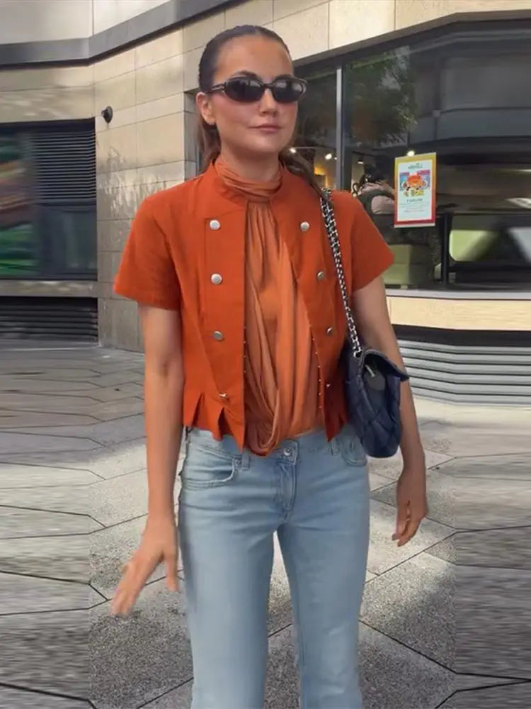Short Sleeve Waist Cinching Ruffles Tops Women Elegant Stand Collar Single Breasted Pleaded Slim Thin Coats Chic Office Lady Top
