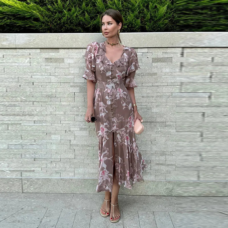 Print Chiffon Long Dress Women V Neck Half Sleeves High Waist Ruffles Belts Split Robe Female 2026 Summer Chic Vacation Dresses