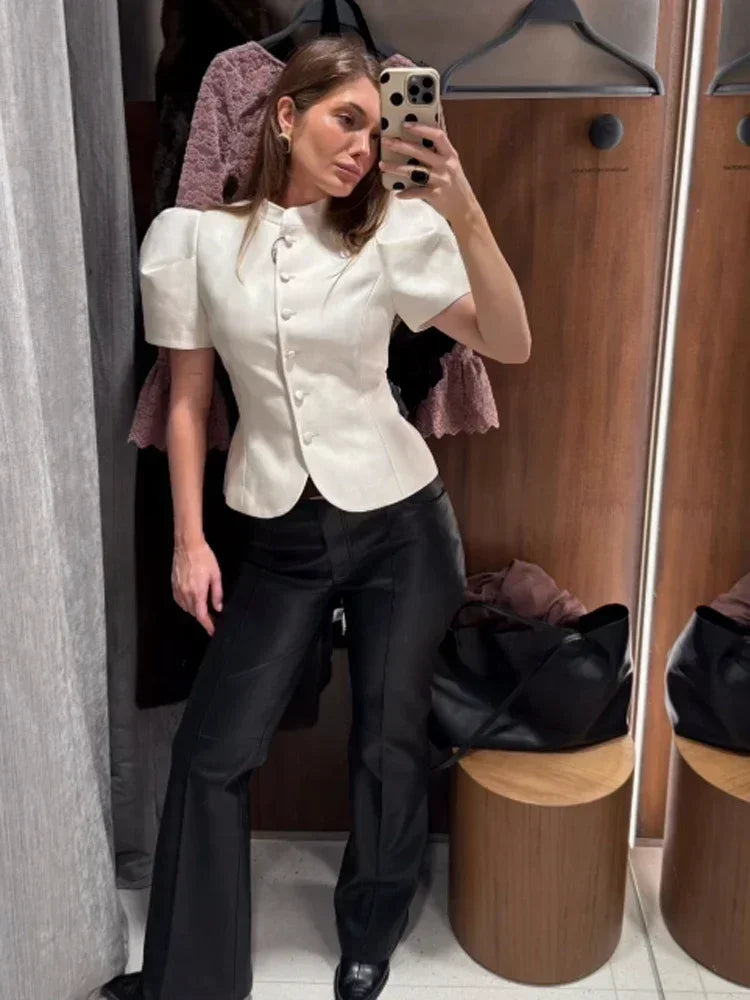 Chic White Lantern Sleeve Shirt Women Solid Stand Collar Stand Collar Slim Shirts Lady Casual Tops Commute Outwear 2026 New