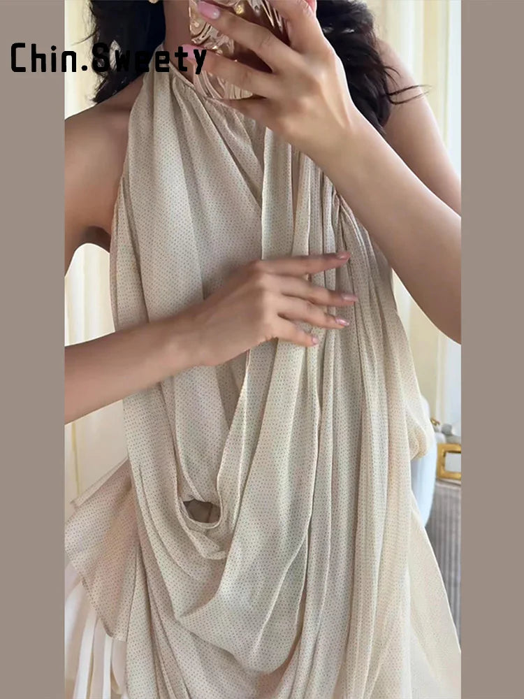 Fashion Women's Pleated Halter Vest Loose Sleeveless Backless Female Feshion Tops 2026 Summer Lady Chic All-match Solid Vests