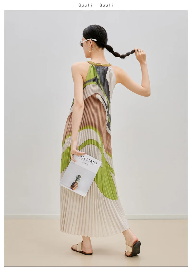 Elegant Party Dresses Long Dresses Womens Dresses Dress Sleeveless Retro Literary Style Hanging Neck Color Pleated Long Skirt