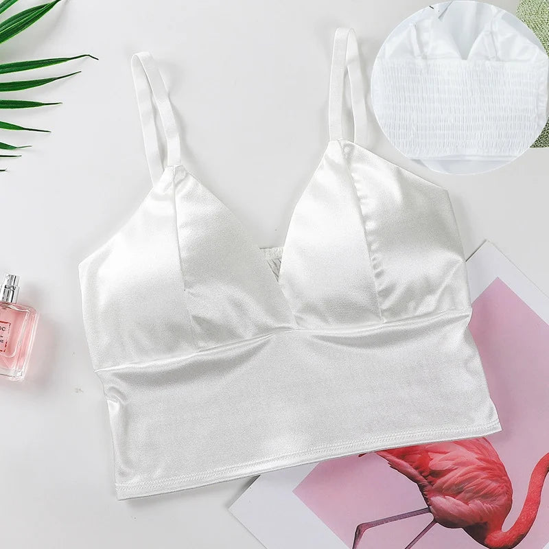 Sexy Satin Crop Tops Women Wireless Bralette Crochet Top Female Spaghetti Strap T-shirt Cropped With Chest Padded Camisole Camis
