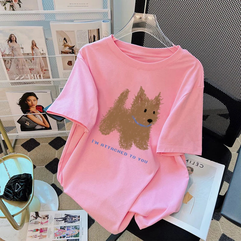 Soft Cuteness Alert  Korean Style T Shirt Cute Fun Pattern Print Loose Short  Sleeve White Top for Women Casual Summer Clothing