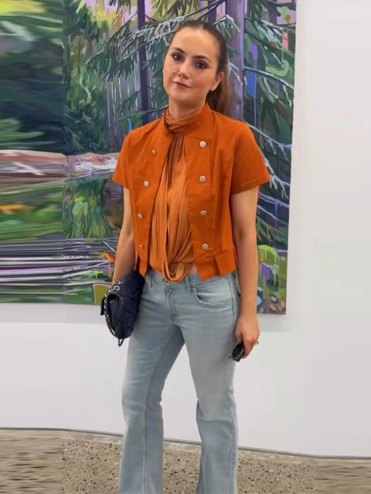 Short Sleeve Waist Cinching Ruffles Tops Women Elegant Stand Collar Single Breasted Pleaded Slim Thin Coats Chic Office Lady Top
