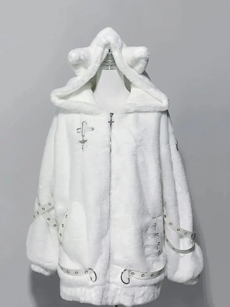 Japanese Kawaii Coat Cloak Faux Fur Collar Long Sleeve Tops Women Casual Lolita Bow Button Jackets Warm Sweet Women Clothing