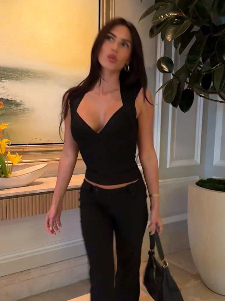 Chic Bandage Sleeveless Corset Top Chic Trendy Deep V Neck Back Zipper Bodycon Blouse Women Summer Date Party Club Vacation Wear