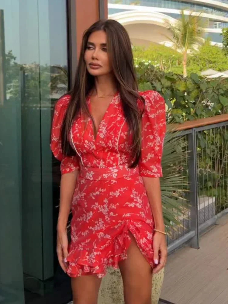 Women Red Floral Printed Mini Dress V-neck Short Sleeved Puff Sleeve Waist Trim Ruffle Slit Hem Dresses 2026 Summer Party Gown