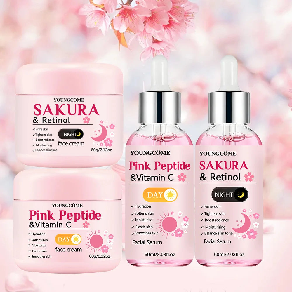 4-Piece Day & Night Skincare Set: Pink Peptide Vitamin C Day Cream + Sakura Retinol Night Cream & Essence for Hydration, Firmnes CB DROPSHIPPING