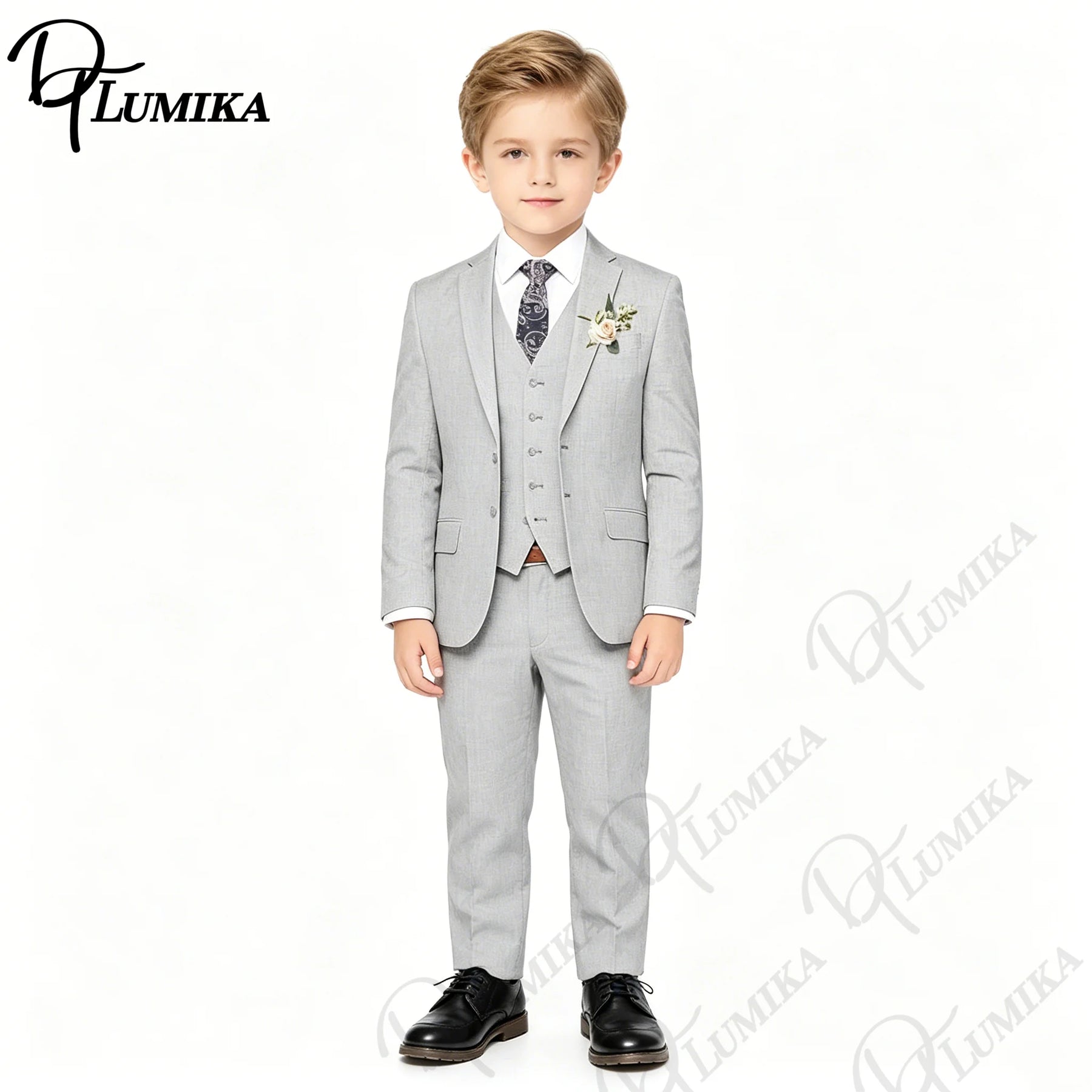 Handsome Linen Boys Suit 4-Piece Set with Floral Bow Tie 2026 Classic Formal Blazer Vest Pants for Ring Bearer Wedding Party CB DROPSHIPPING