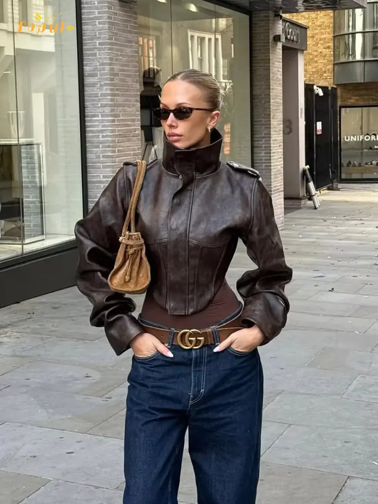 Vintage Solid Waist Cinching Leather Jacket Women Fashion Stand Collar Full Sleeve Zipper Buckle Coat 2026 Lady Street Outerwear