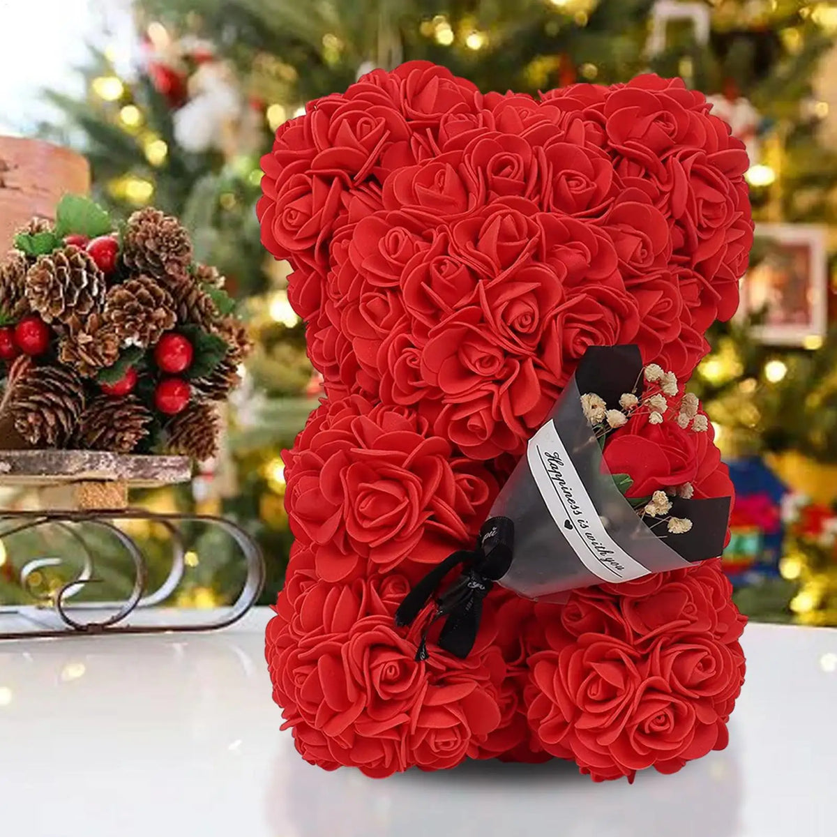 Flower Bear 9.45in Artificial Forever Flower Rose with Clear Box Romantic Gift for Her Handmade Valentine Bear for Home Decor