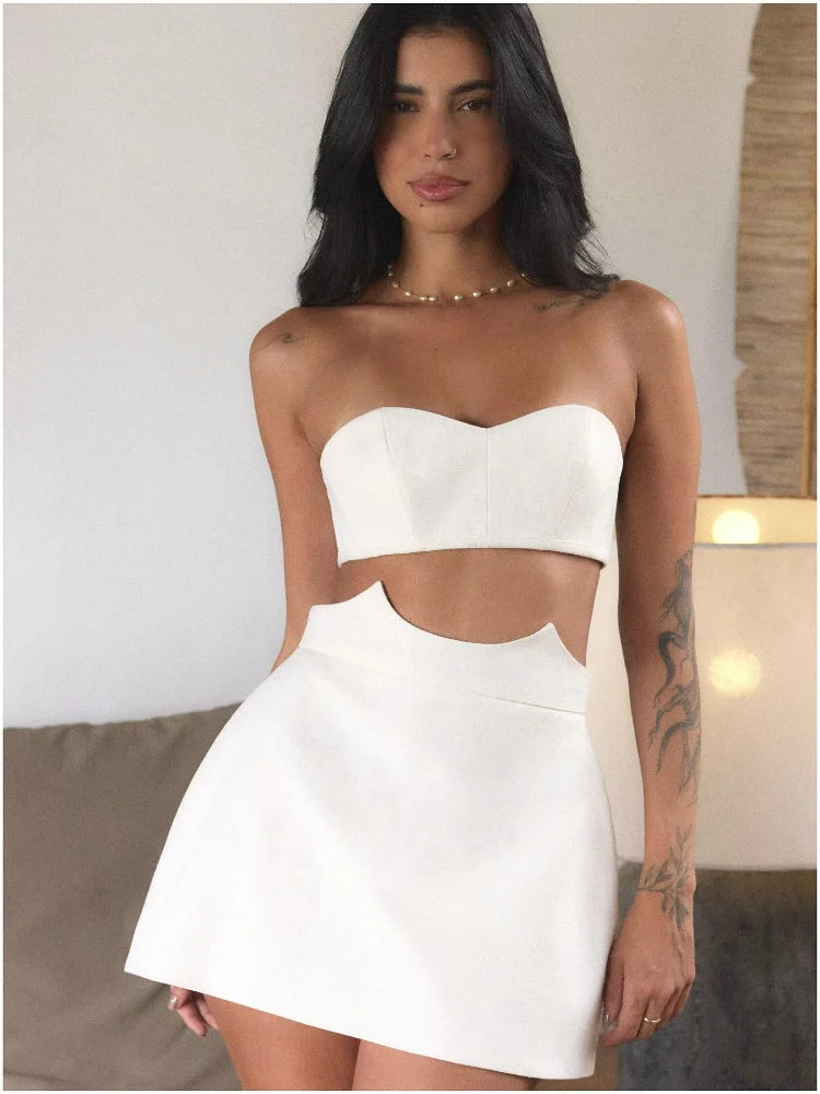 Minimalist White Design Mini Skirt Set Lady Sexy Strapless Backless Off Shoulder Slim Fit Vest Suit Summer Date Beach Party Wear