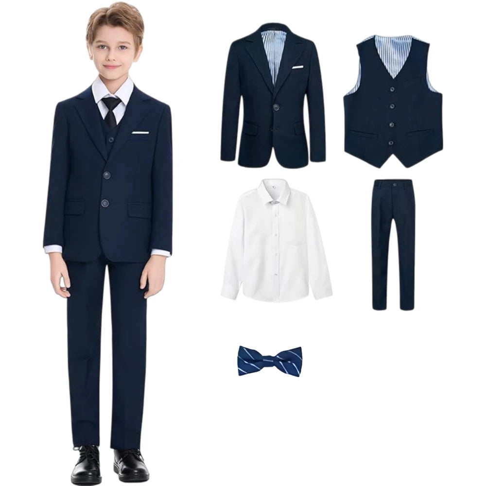 Notched Boy's Suit Set for Kids 3-14 Yrs, One Button Black Suit Jacket Vest Pants and T Shirt, Communion Tuxedo 4-Piece Suits CB DROPSHIPPING