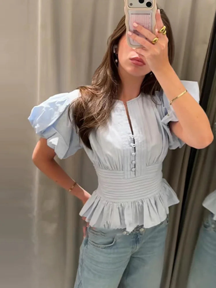 Women Round Neck Puff Sleeve Blouse Solid Lace Trim Asymmetrical Hem Slim Fit Shirt 2026 Spring Summer Chic Elegant Casual Top