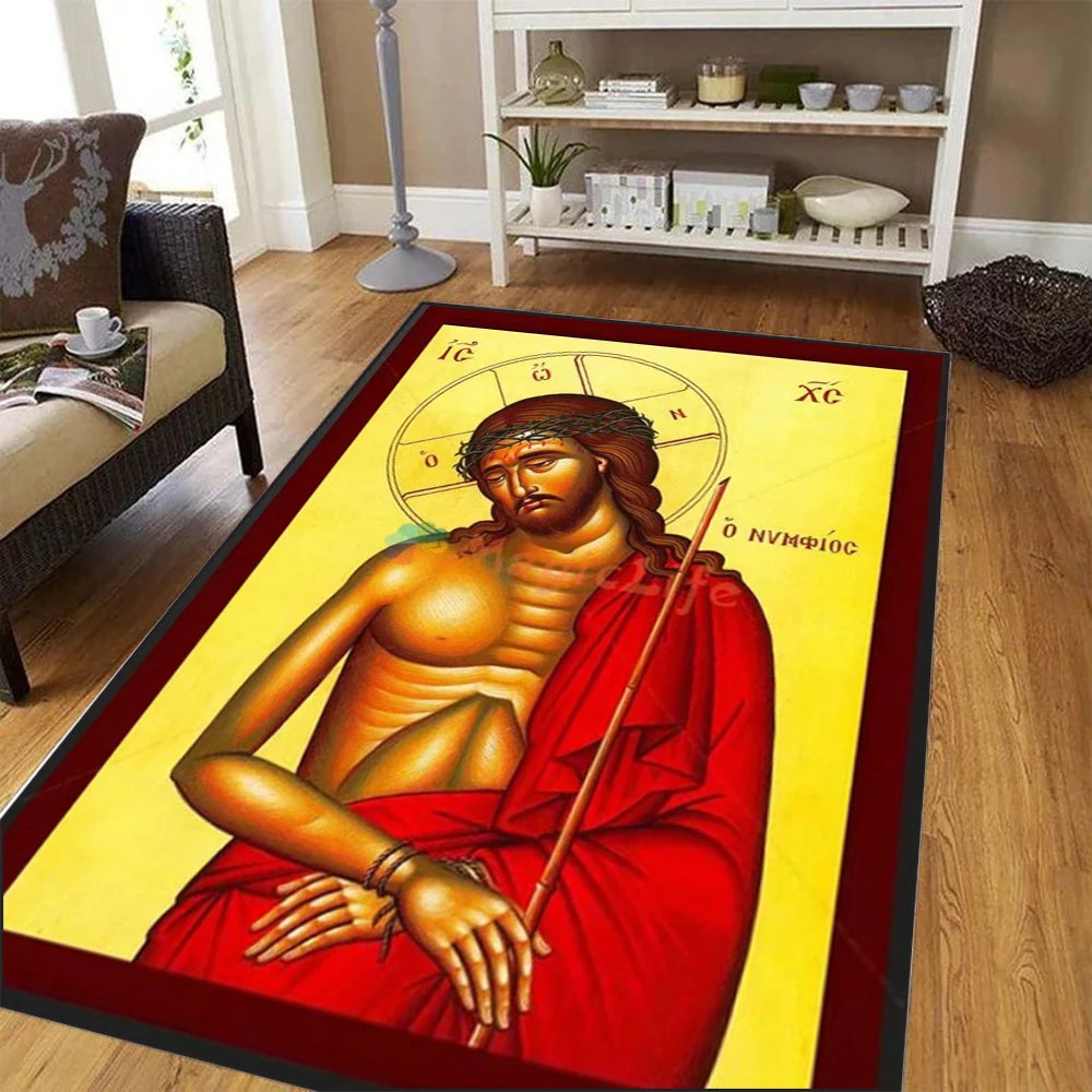 Large Living Room Bedroom Rug Orthodox Saint Icon Print Comfortable Feel Non Shedding Durable Floor Distinctive Elegant Home
