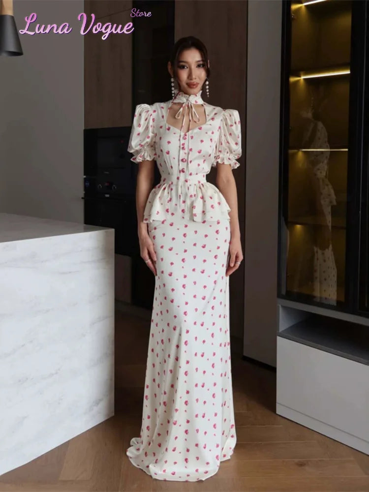 Women White Pink Floral Print Fishtail Skirt Set Chic V Neck Puff Sleeve Ruffle Button Crop Top Suit Elegant Lady Wedding Outfit