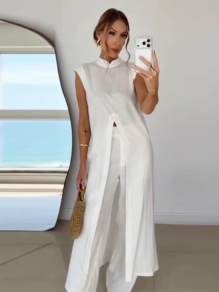 Women Pant Set Stand Collar Lace Sheer Sleeveless Split Front Top Wide Leg Solid Pant Casual Elegant Two Piece Set For Ladies