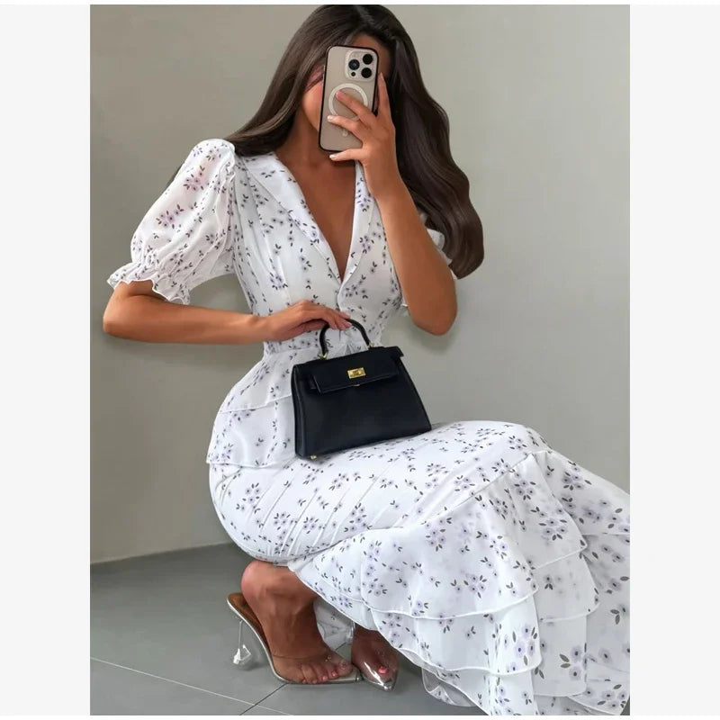 Women Elegant Printed V-neck Dress Chic Lapel Waist Cinched Pleated High Waisted Dresses 2026 Summer New Lady Vacation Gowns