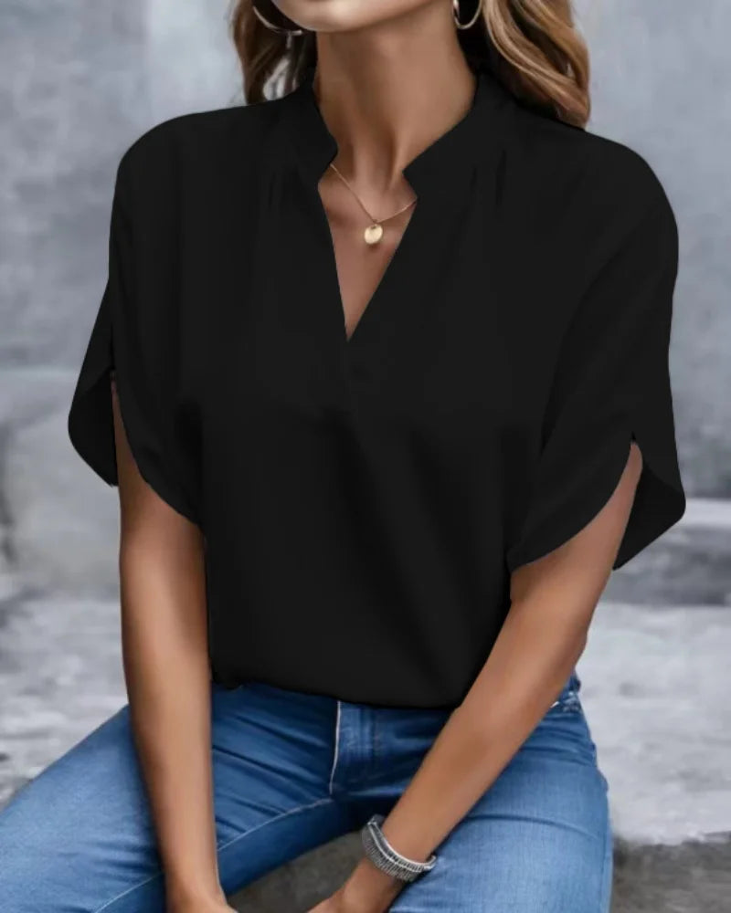 V Neck Short Sleeve Loose Blouse Women Casual Solid Color Top Office Lady Elegant Summer Shirt Plus Size Pullover Tops