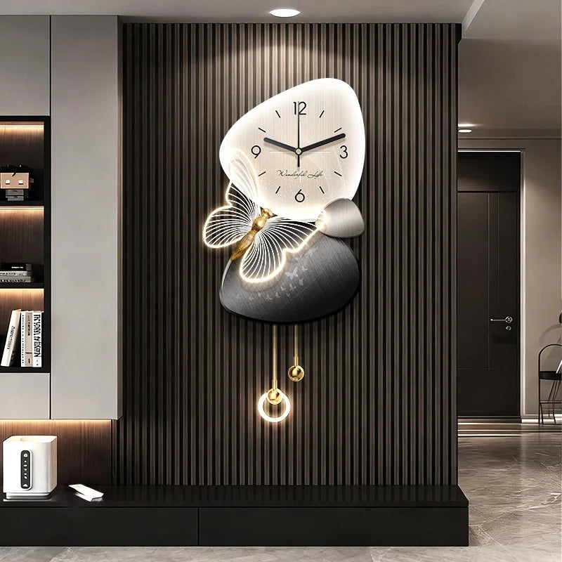 Living Room Foyer Creative Clock Butterfly LED Mural Lights TV Background Wall Entrance Decoration Painting Hanging Painting