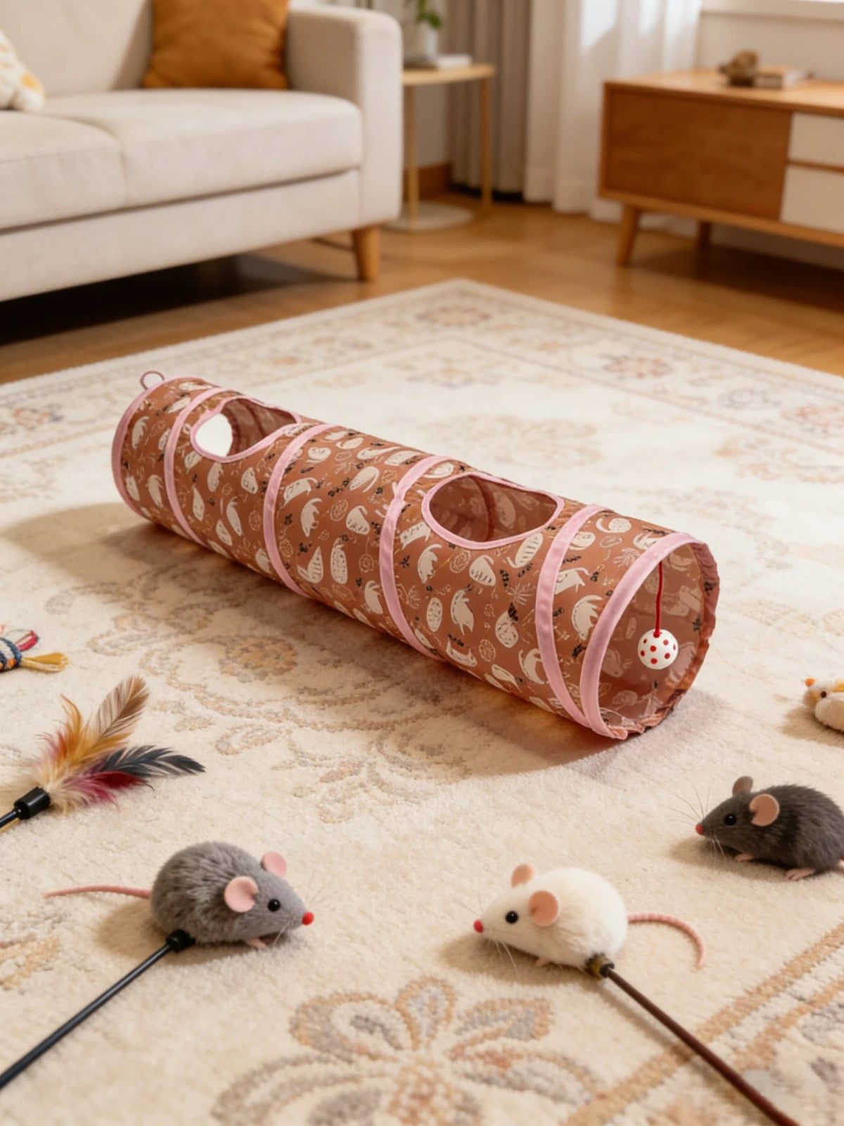 Collapsible 120cm Cat Tunnel with Bell Toy, 2-Way Play Tube, Trendy Print Hideaway for Indoor Cats, Easy Storage CB DROPSHIPPING