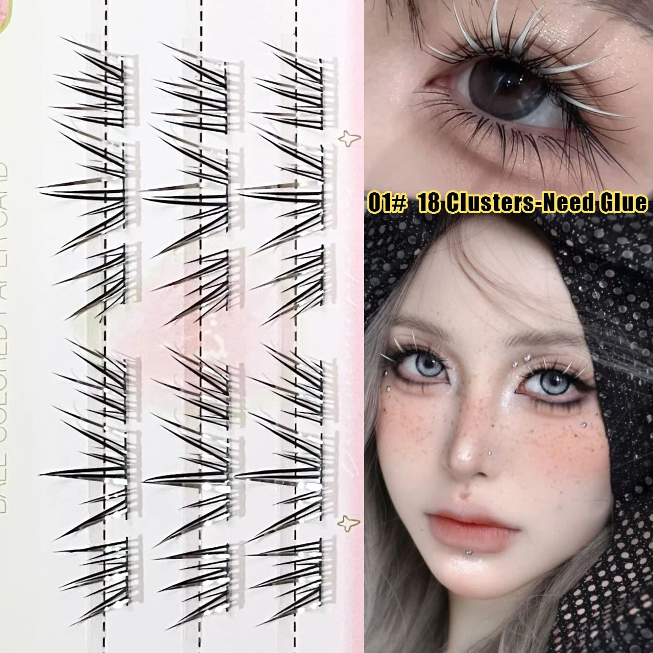 DIY Cluster Punk Silver Black Self-adhesive Glue Free False Eyelashes Segmented Thin Stems Halloween Makeup Girl Lashe Extension