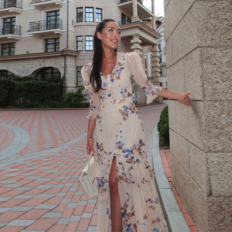 V Neck High Split Half Sleeve Slim Long Dress Print Waist Cinching Ruffle Hem Maxi Robes 2026 Women Party Vacation Vestidos