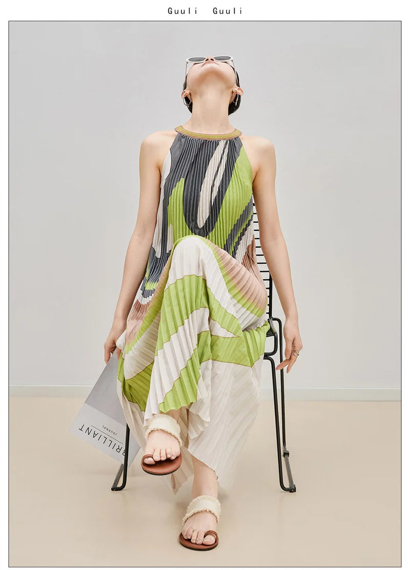 Elegant Party Dresses Long Dresses Womens Dresses Dress Sleeveless Retro Literary Style Hanging Neck Color Pleated Long Skirt