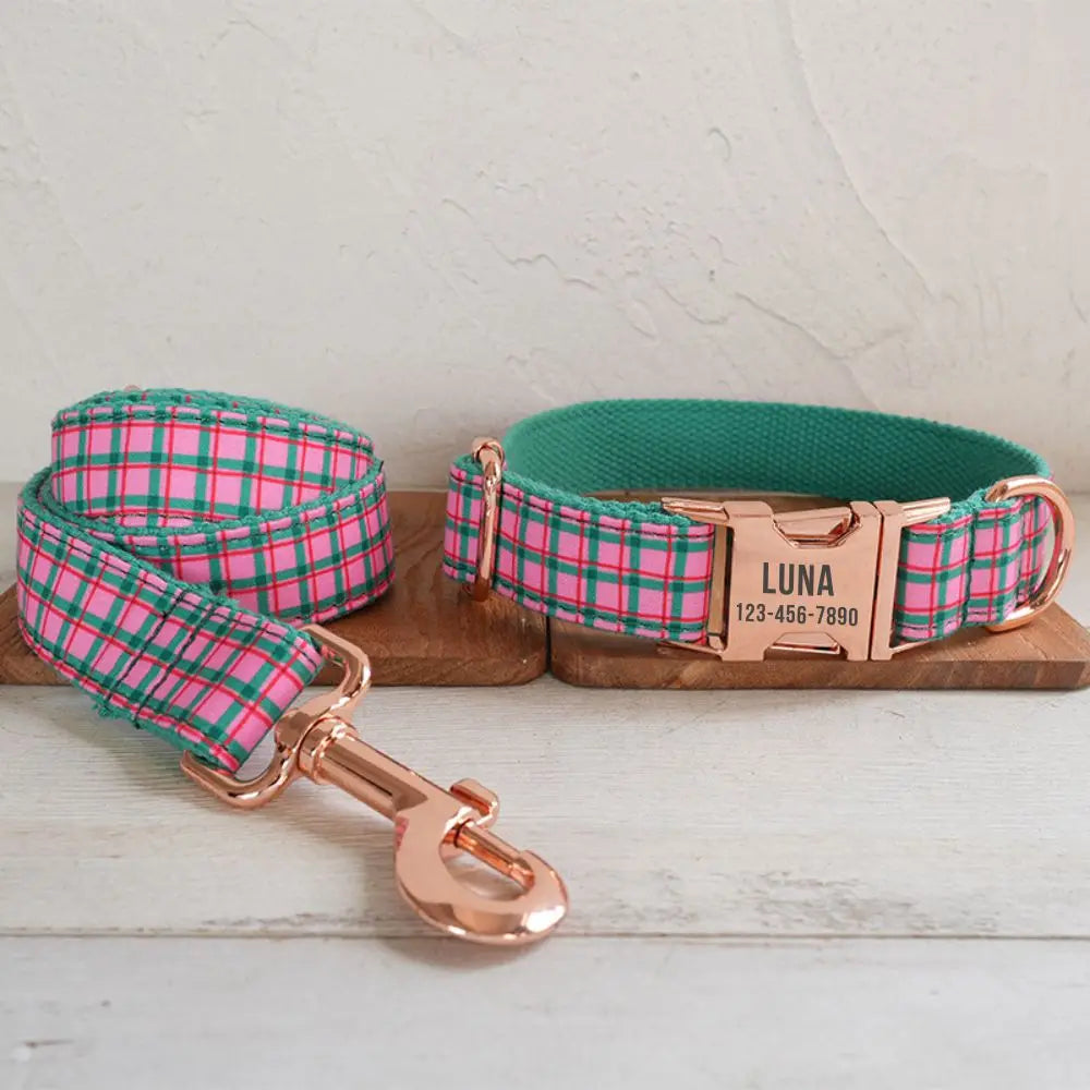 Personalized Dog Collar with Free Engraving, Matching Pet Leash,Customzied Contacts Metal Buckle, Pink Green Plaid Pet Collar