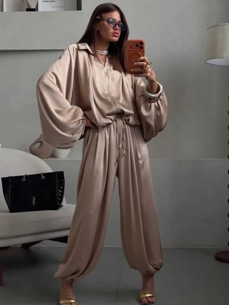 LGRQ Women's Casual Two-piece Set Fashion Lapel Long Sleeved Cardigan Jacket Elastic Waistband Tied Pants 2026 Summer 19DB1008
