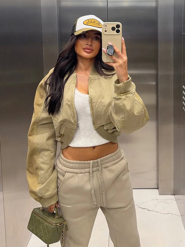Cropped Bomber Short Jackets Women Solid Folded Hem Zipper Pockets Full Sleeves Coats Women Lady Casual Daily Street Outwear New