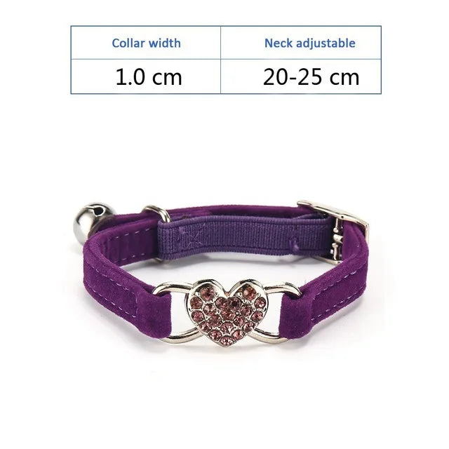 Soft Comfortable Plush Cat Collar Faux Diamond Heart Elastic Rubber Design with Bell Breakaway Safety Essential Pet Accessary CB DROPSHIPPING