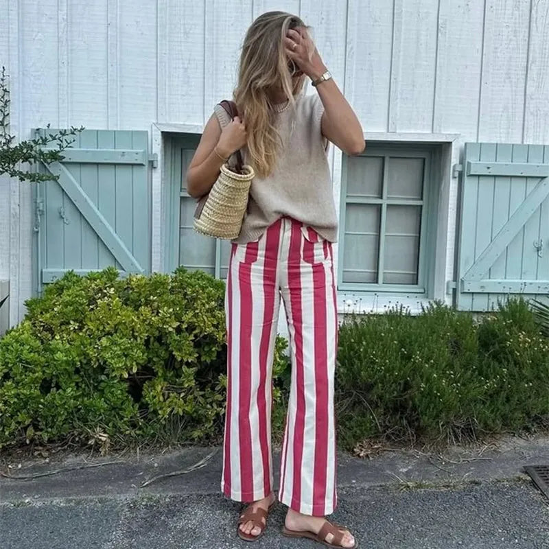 Street Striped Jeans Women's High-Waist Pockets Wide-Leg Trouser 2026 Spring Summer Retro Multicolor Vertical Stripe Denim Pant