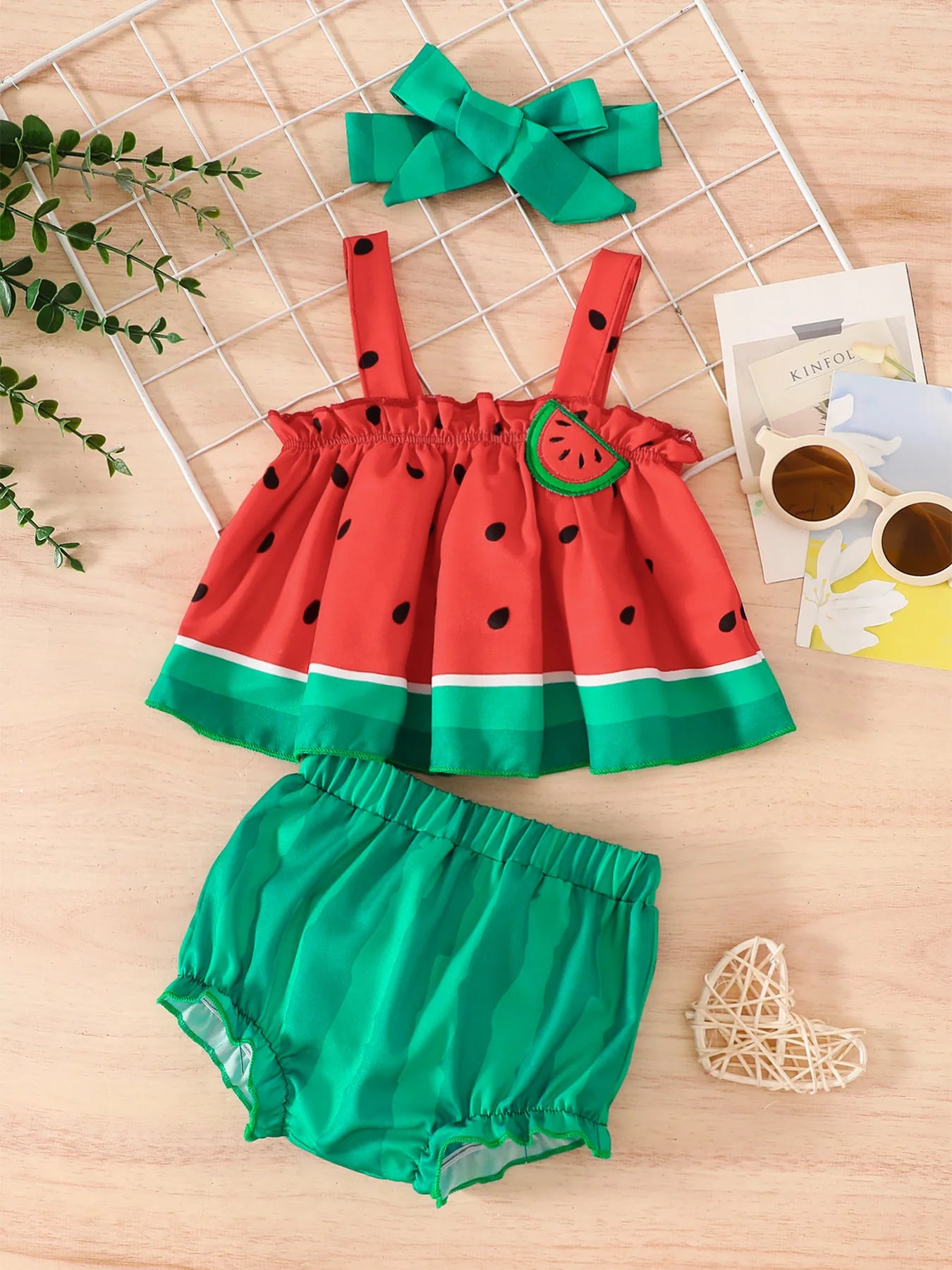 Baby Girl Watermelon Three-Piece Set: Suspender Dress, Shorts, Headband, Summer Cute Fruit-Themed Outfit CB DROPSHIPPING