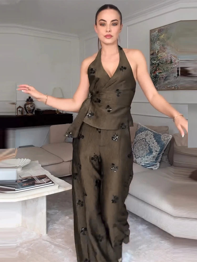 Sequins Women's Pant Sets Sexy Halter Neck Wrap Top Wide Leg Pants Two Piece Set Female 2026 Summer Woman New Vacation Outfit