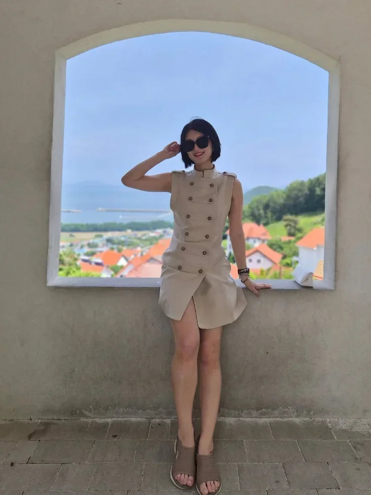 Women Stand Collar Double Breasted Mini Dress Sleeveless Elegant Casual Slim Fit Short Robe Lady Office New Dresses 2026 Summer