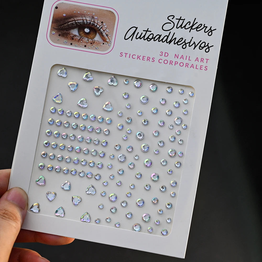 1pc 3D Y3K Silver Aurora Moon Star Face Gems Jewels Rhinestone Stickers Self Adhesive Crystal Makeup Diamonds Tattoos Decoration