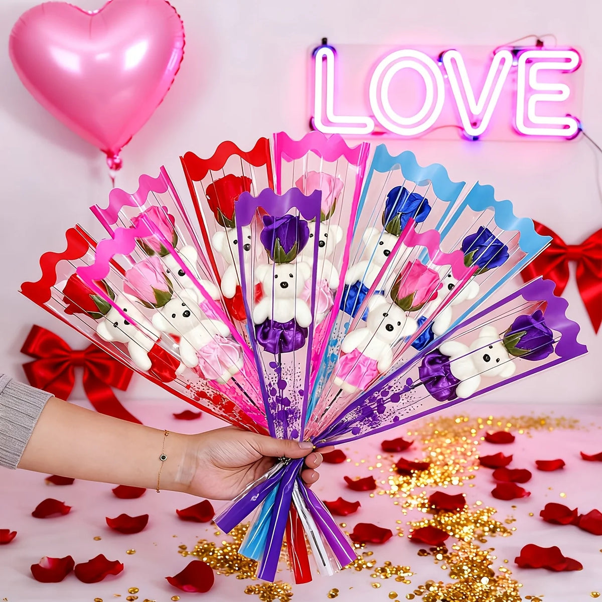 10Pcs Artificial Flowers Rose Bear Bouquet Fake Flower Mother's Day Valentine's Day Gift Birthday Present Wedding Home Decor