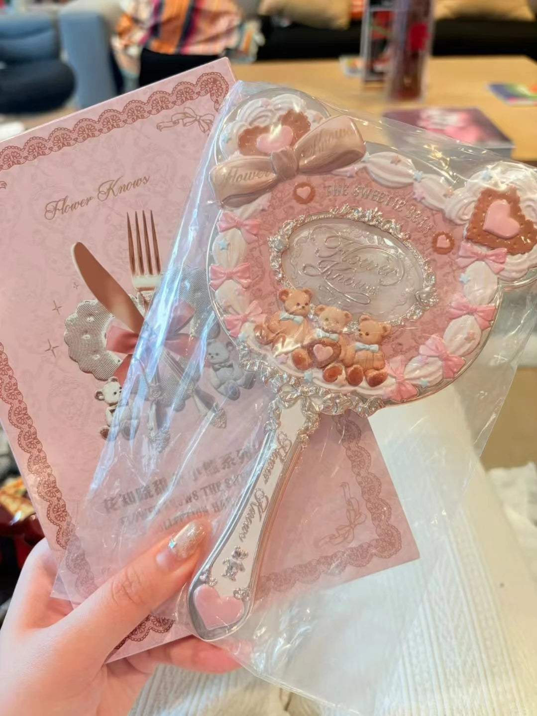 Flower Knows Sweet Bear Series Handheld Makeup Mirror - Creamy Pink